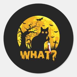 Cat What_ Halloween Black Cat With Knife - Funny Classic Round Sticker