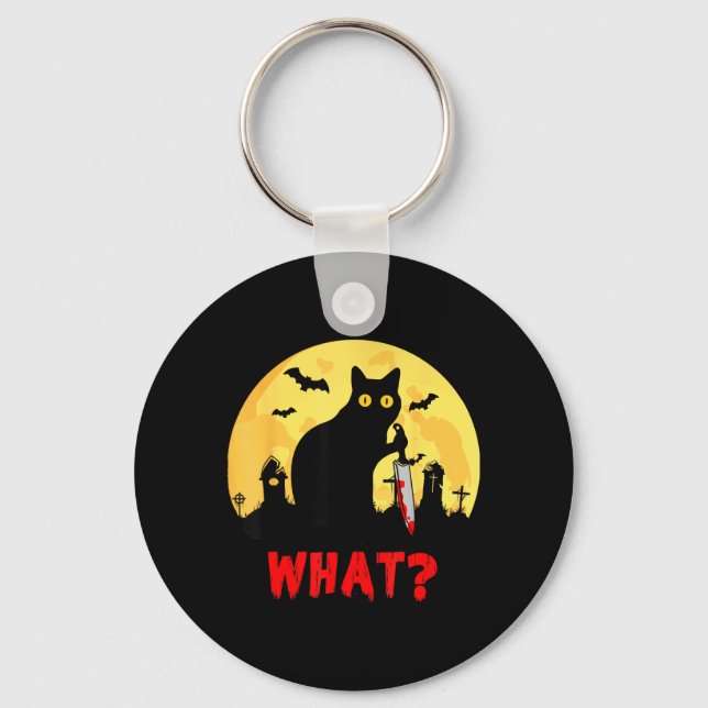 Cat What_ Halloween Black Cat With Knife - Funny Key Ring (Front)