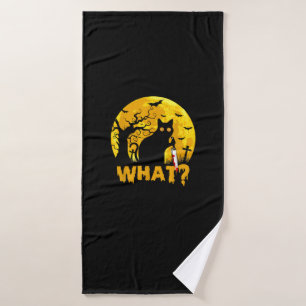 Cat What_ Halloween Black Cat with Knife - Funny W Bath Towel