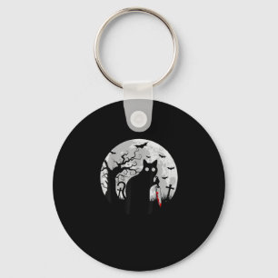 Cat What_ Halloween Black Cat with Knife - Funny W Key Ring