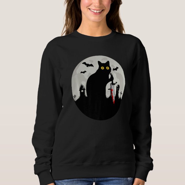Cat What Halloween Black Cat with Knife   What Cat Sweatshirt (Front)