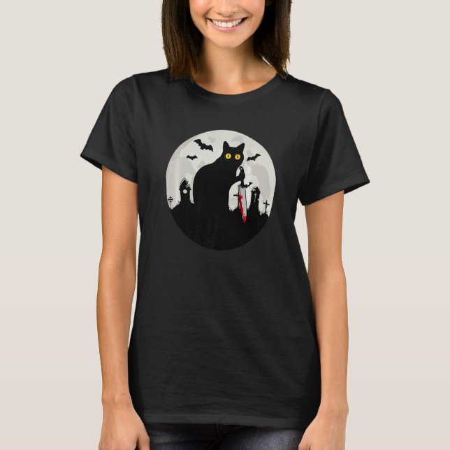 Cat What Halloween Black Cat with Knife   What Cat T-Shirt (Front)