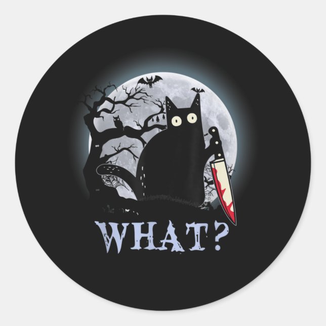 Cat What Murderous Black Cat With Knife Halloween Classic Round Sticker (Front)