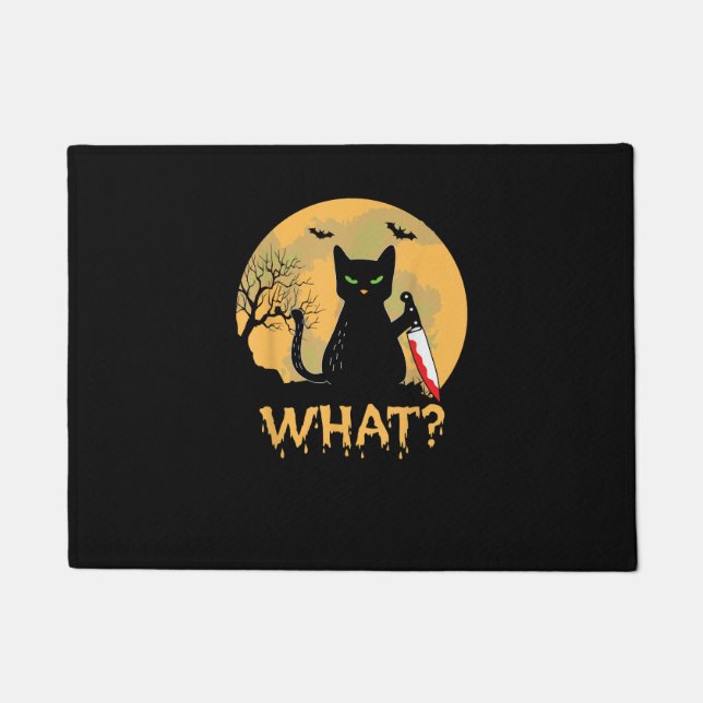 CAT WHAT_ Murderous Black Cat with Knife Halloween Doormat (Front)