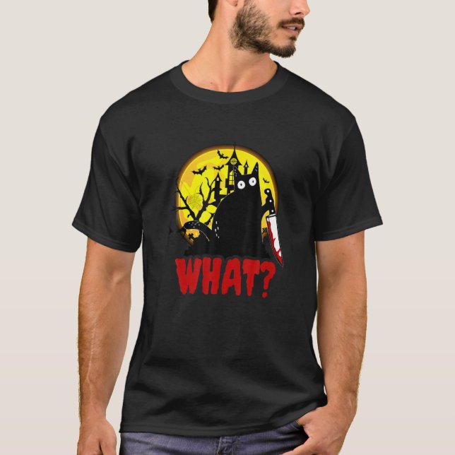 Cat What? Murderous Black Cat With Knife Halloween T-Shirt (Front)