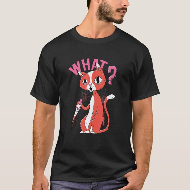 Cat What Murderous Black Cat With Knife Halloween  T-Shirt (Front)
