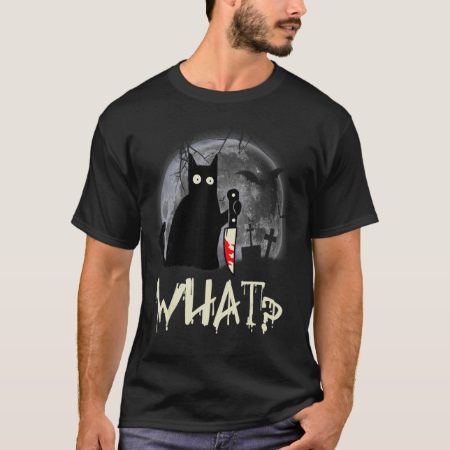 Cat What Murderous Black Cat With Knife Halloween  T-Shirt (Front)