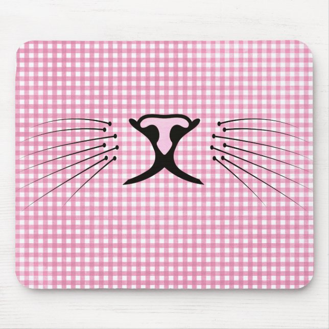 Cat Whiskers on Pink and White Gingham Mouse Pad (Front)