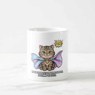 Cat Whisperer Funny Mug – Tabby Superhero Cape POW