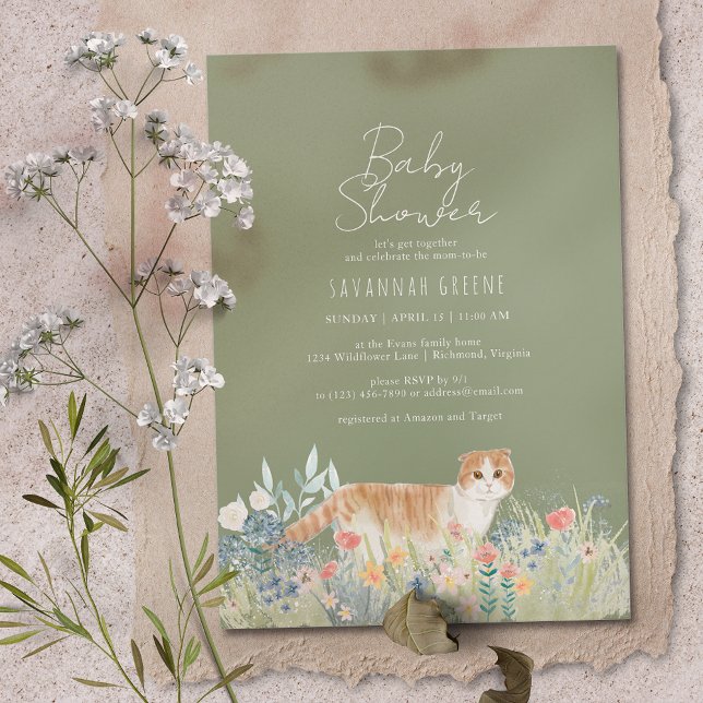 Cat Wildflowers | Sage Green | Neutral Baby Shower Invitation (Creator Uploaded)