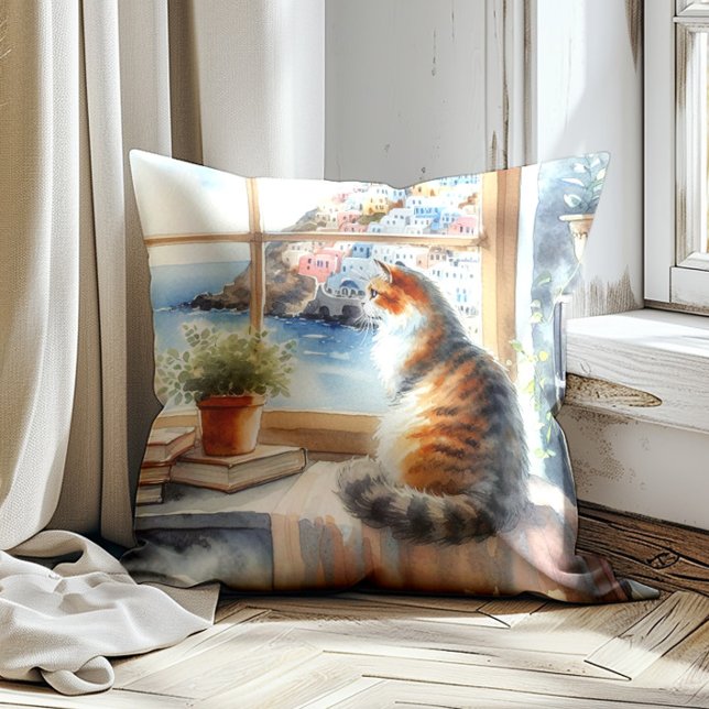 Cat Window Watercolor Mediterranean  Cushion (Cat in the window pillow)