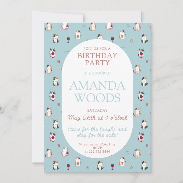 Cat & Wine Party – Cute Birthday Art Invitation (Front)