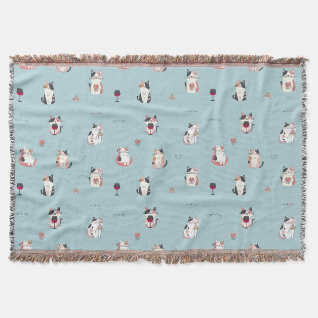 Cat & Wine Throw Blanket: Cosy and Playful Design (Front)