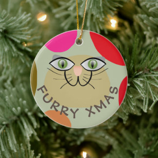 CAT WISHES, FURRY XMAS, MERRY CHRISTMAS CAT LOVE CERAMIC ORNAMENT