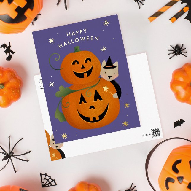 Cat witch and Jack O Lantern's Happy Halloween Foil Holiday Postcard (Creator Uploaded)