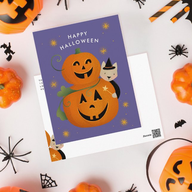 Cat witch and Jack O Lantern's Happy Halloween Holiday Postcard (Creator Uploaded)