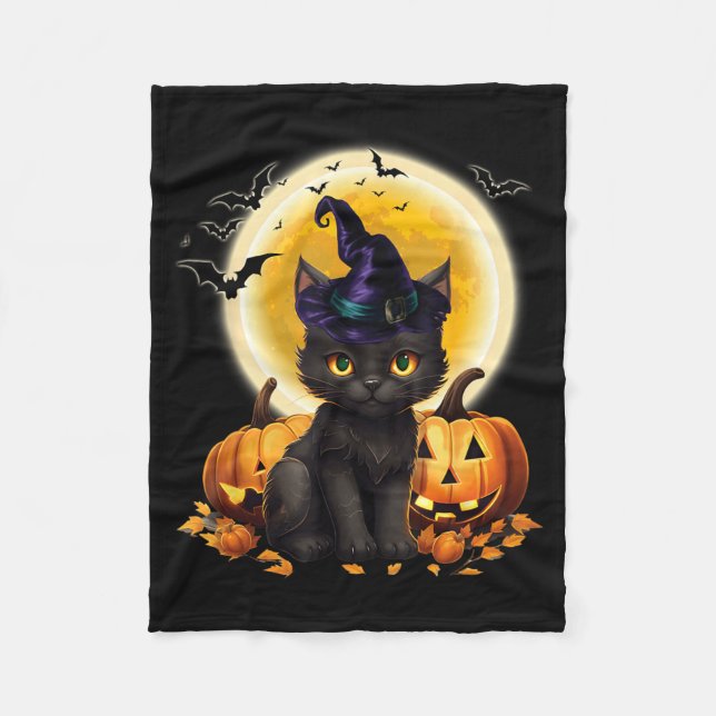 Cat Witch Hat Pumpkin Moon Black Cat Funny Fleece Blanket (Front)