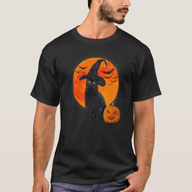 Cat Witch Jack O Lantern Pumpkin Halloween Costume T-Shirt (Front)