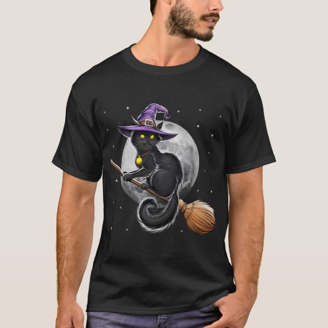 Cat Witch Riding Broom T-Shirt (Front)