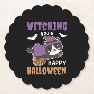 Cat Witch Witches Witching You A Happy Halloween Paper Coaster