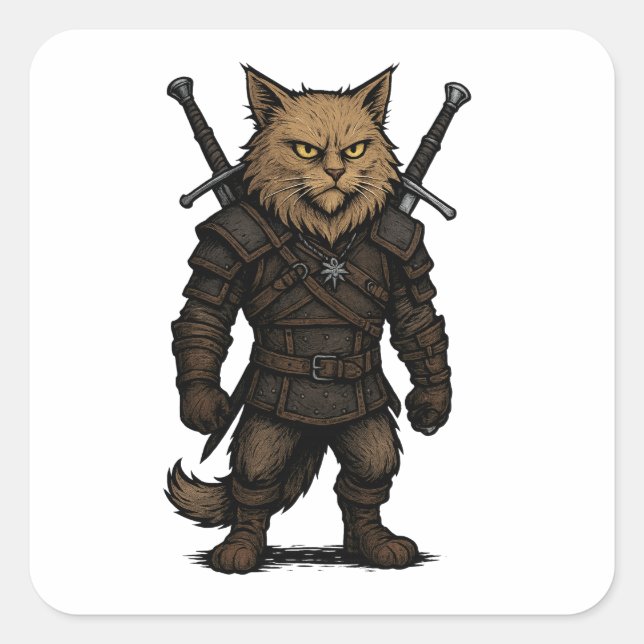 Cat Witcher – Mediaeval Fantasy Warrior Square Sticker (Front)