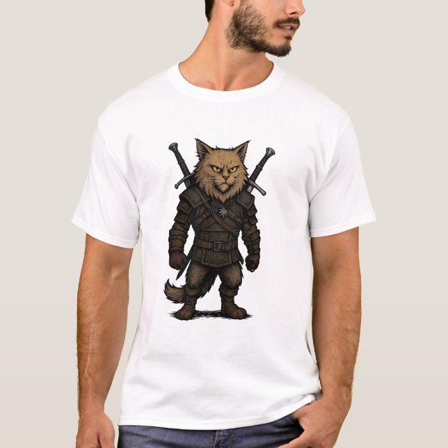 Cat Witcher – Mediaeval Fantasy Warrior T-Shirt (Front)