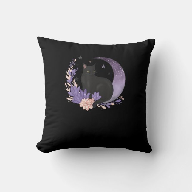 Cat Witchy Moon Flowers Pastel Goth Goblincore Cushion (Front)