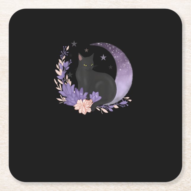 Cat Witchy Moon Flowers Pastel Goth Goblincore Square Paper Coaster (Front)