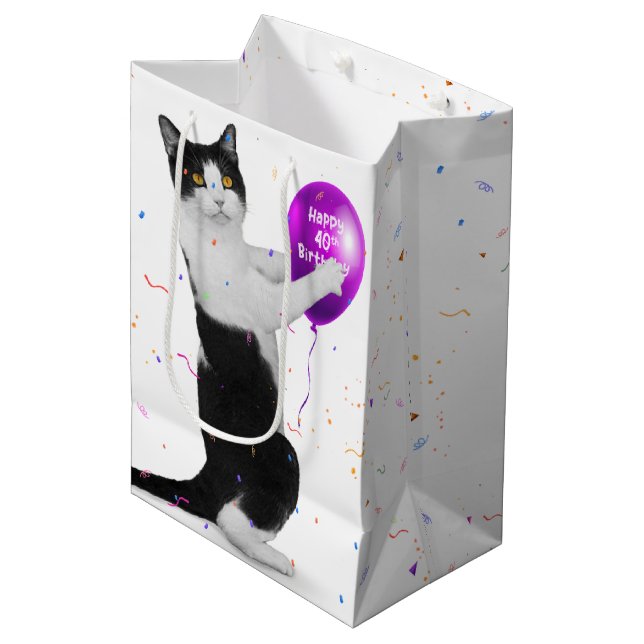 Cat with 40th Birthday Balloon Medium Gift Bag (Front Angled)