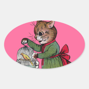 Cat with a Bird cage, Louis Wain Oval Sticker