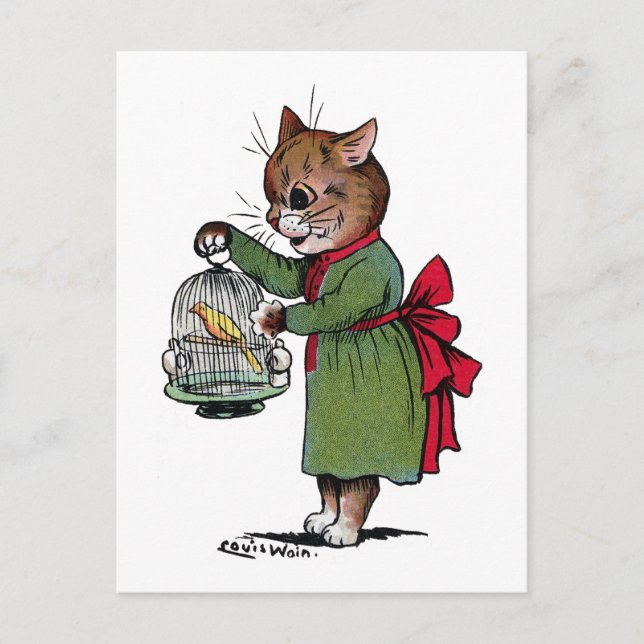 Cat with a Bird cage, Louis Wain Postcard (Front)