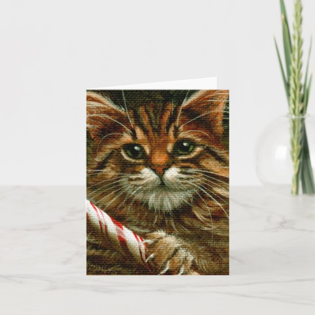 Cat with a Candy Cane Note Card (Front)