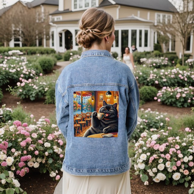 Cat with a coffee cup in Cafe Denim Jacket (Wedding Back)