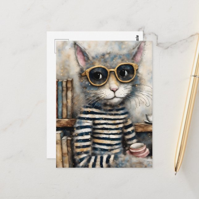 Cat with a Coffee Postcard (Front/Back In Situ)