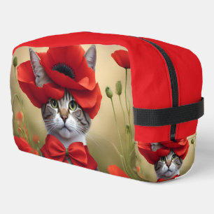 Cat with a dress made of a poppy dopp kit