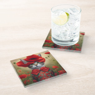 Cat with a dress made of a poppy glass coaster