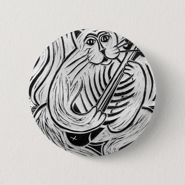 Cat with a Fish Guitar 6 Cm Round Badge (Front)