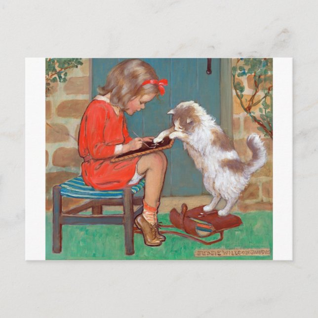 Cat with a Girl, Jessie Willcox Smith Postcard (Front)