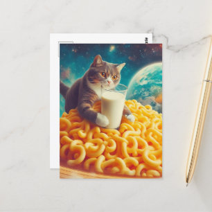 Cat With a Glass of Milk on a Planet Cheesy Pasta Postcard