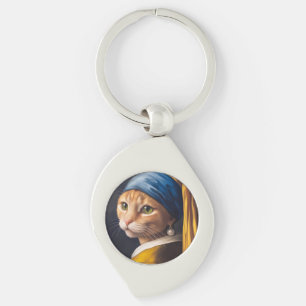 Cat with a Pearl Earring   Funny Vermeer Parody Key Ring
