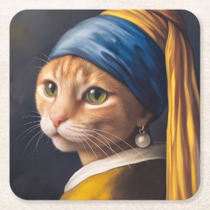 Cat with a Pearl Earring   Funny Vermeer Parody Square Paper Coaster