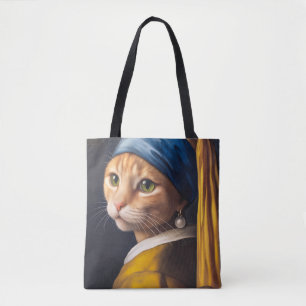 Cat with a Pearl Earring Funny Vermeer Parody Tote Bag