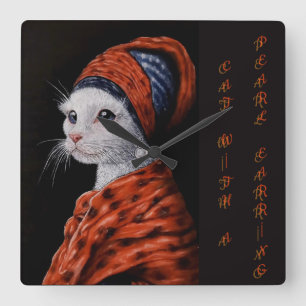 cat with a pearl earring square wall clock