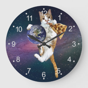 Cat with a planet and eating pizza large clock