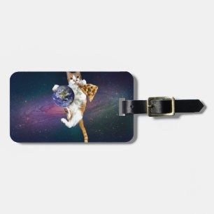 Cat with a planet and eating pizza luggage tag
