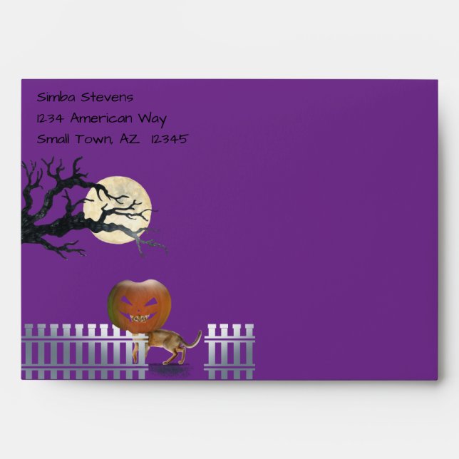 Cat with a Pumpkin on Purple Halloween Envelope  (Front)