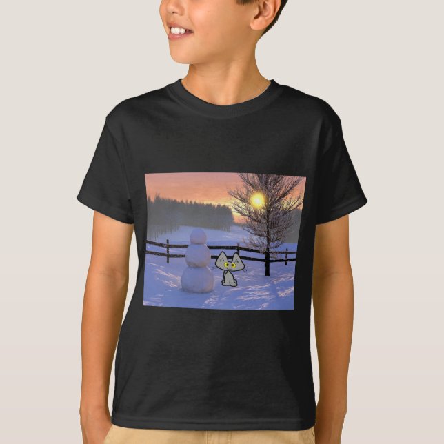 Cat With A Snowman T-Shirt (Front)