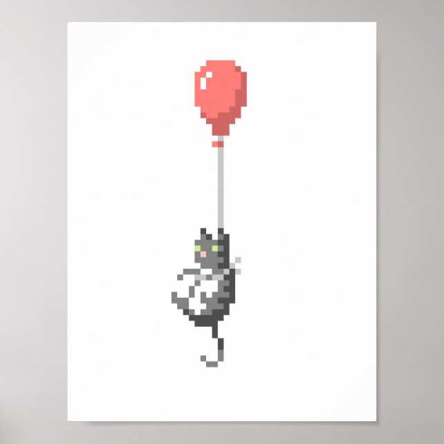 Cat With Balloon Pixel Art Poster (Front)