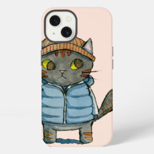 Cat with Beanie and Down Vest Watercolor iPhone Case