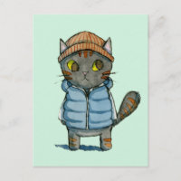 Cat with Beanie and Down Vest Watercolor